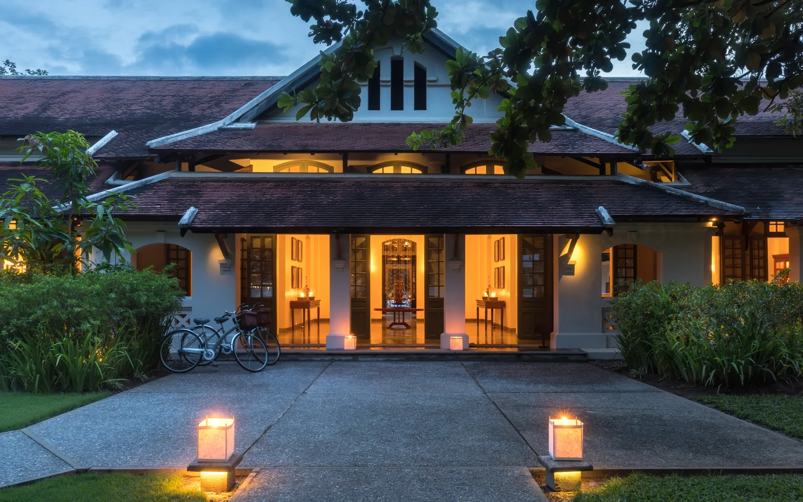 Hotel entrance at dusk