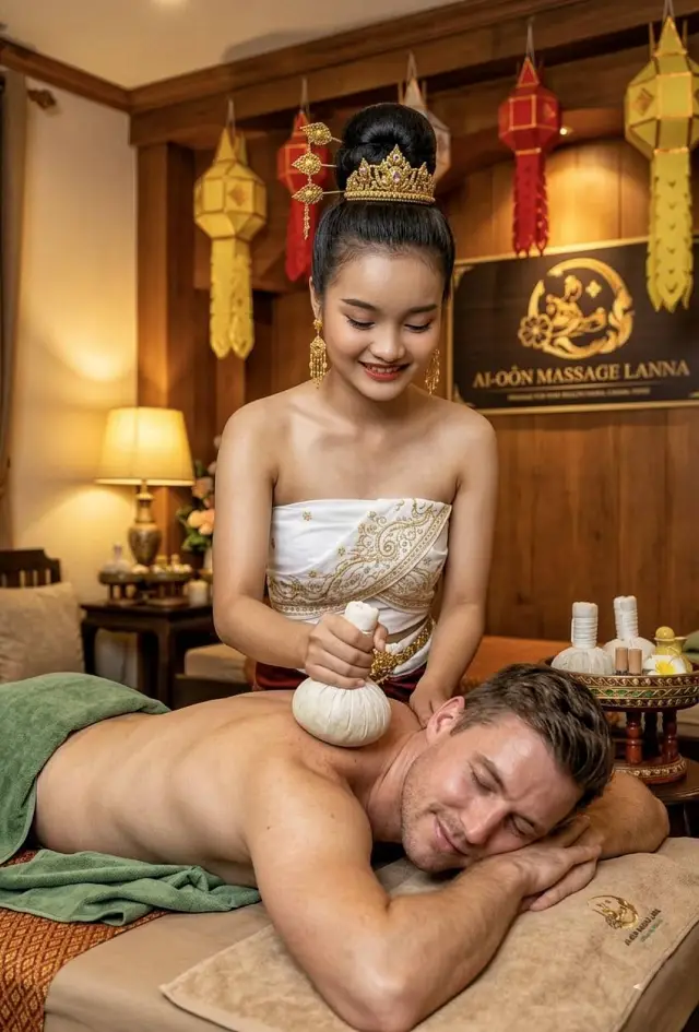 Therapist in Thai dress using a herbal compress on a guest's back at Ai Oon Massage Lanna