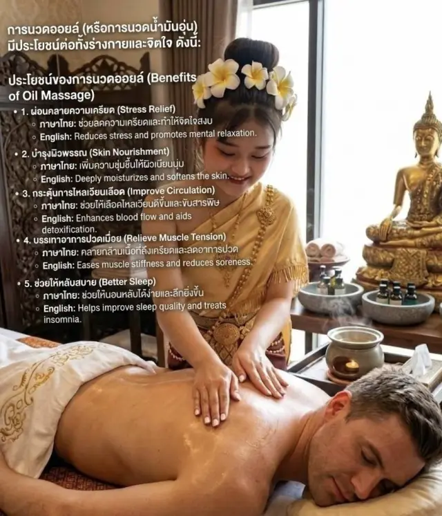 Oil massage benefits poster with a Thai-dress therapist massaging a guest's oiled back