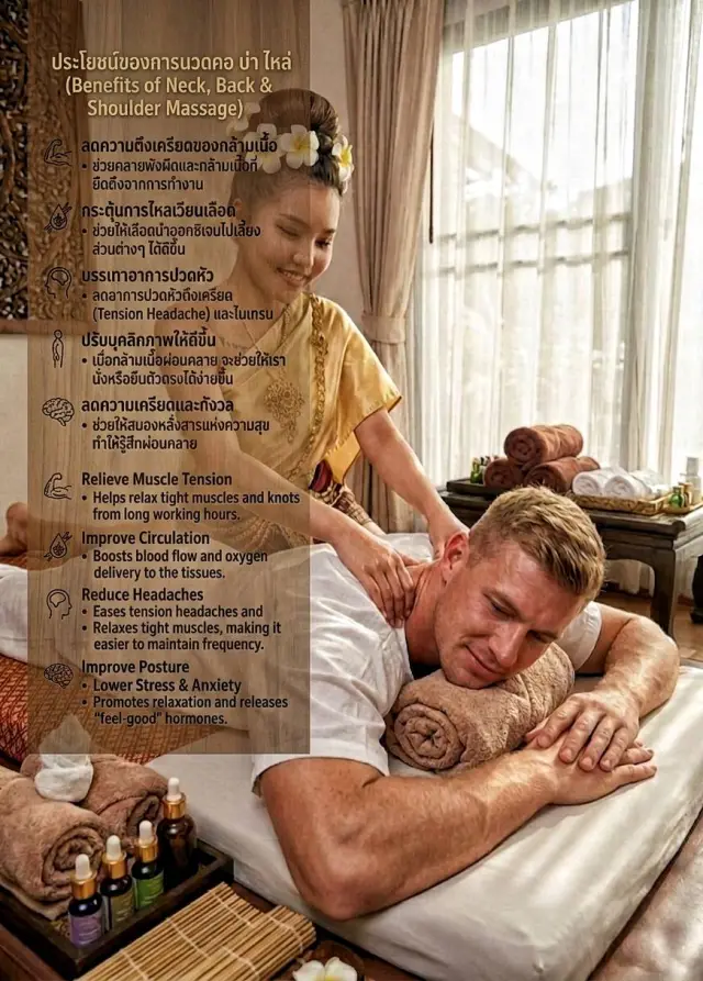 Poster listing the benefits of a neck, back and shoulder massage, with a therapist and a guest