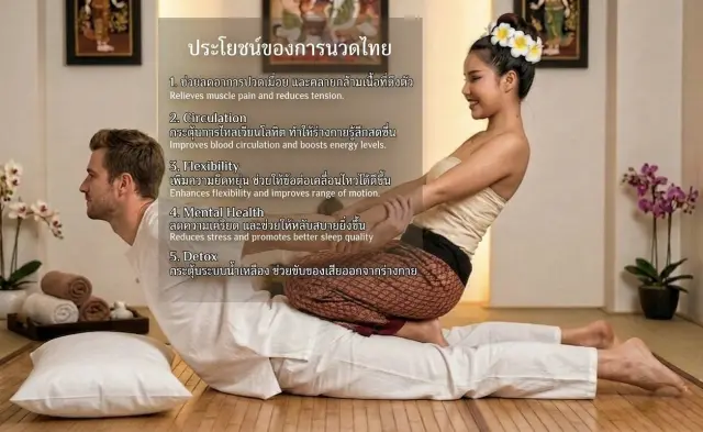 Poster about the benefits of traditional Thai massage showing a seated stretch with a therapist