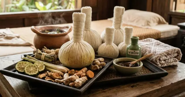 Herbal compress balls, ginger, lime and spices on a tray for a Thai herbal massage