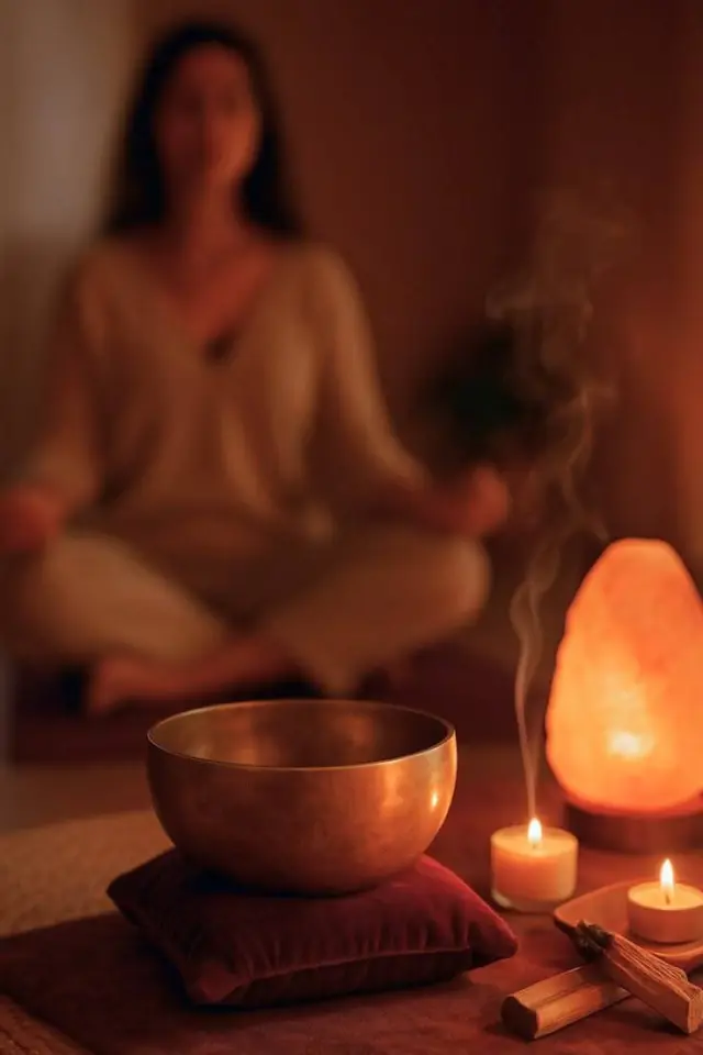 Blurry warm-toned photo of a woman meditating beside a singing bowl and a salt lamp