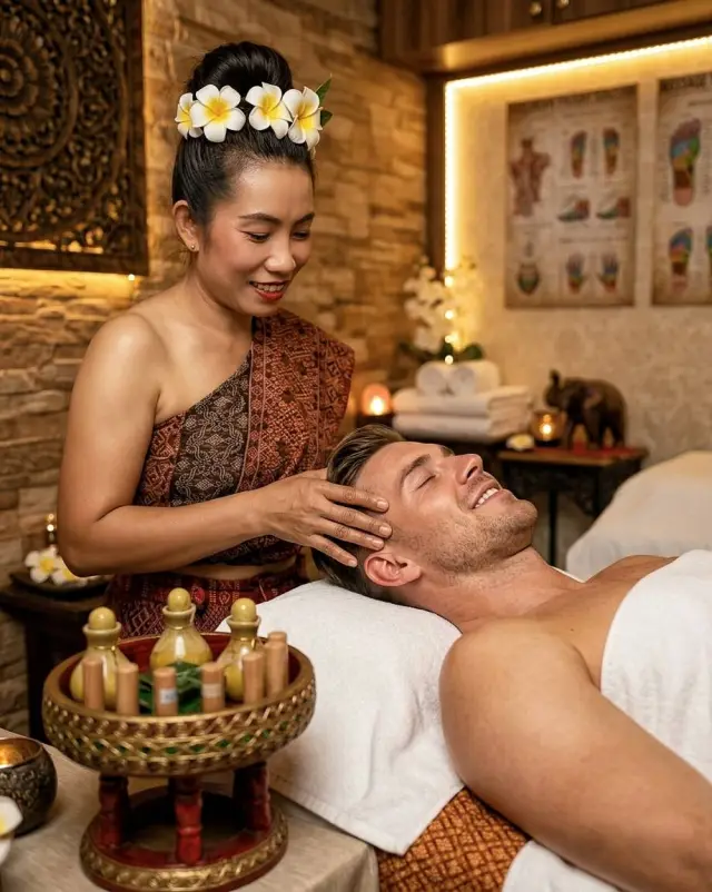 Therapist giving a head and shoulder massage at Ai Oon Massage Lanna, Chiang Mai