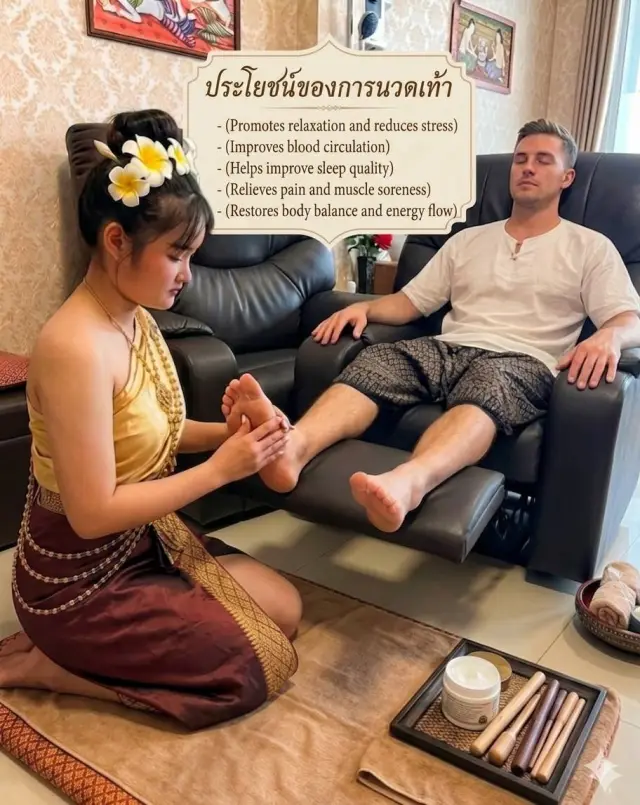 Foot reflexology massage in a recliner, with a poster on the benefits of foot massage