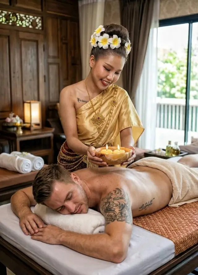 Therapist in golden Thai dress holding a candle bowl above a guest lying on a massage bed