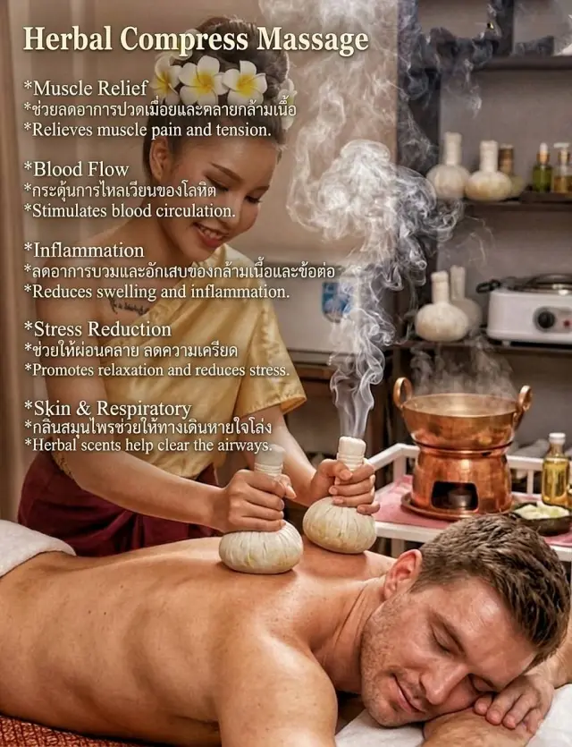 Herbal compress massage poster showing a therapist pressing warm herbal balls on a guest's back